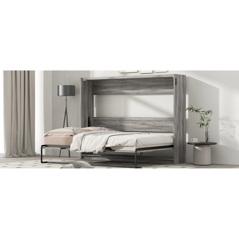 Grey Full Size Bed That Can Be Folded Into Cabinet, Space - Feature, Metal Frame And , No Spring Box Needed, Easy Assembly Project, Manageable Foldable To Solid For Durability, Wood Slats Support