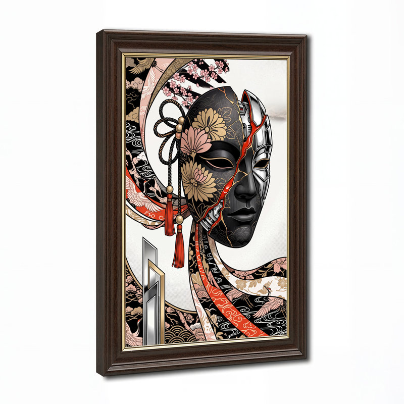 Art mural en toile noir avec masque de laque noire divisé en robot argenté avec fleurs de cerisier, 18"H x 12"W