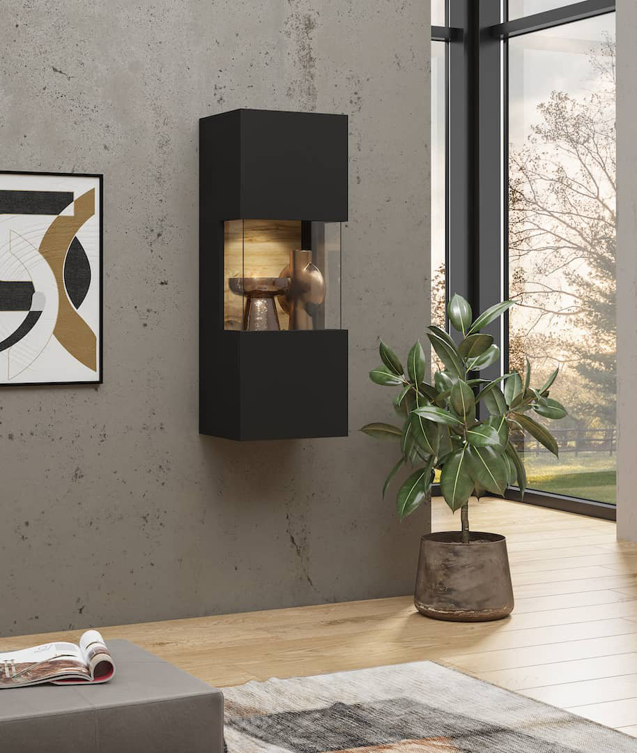 Stylish Storage: Ava 07 Wall Hung Cabinet 36cm in Black Matt & Oak Wotan