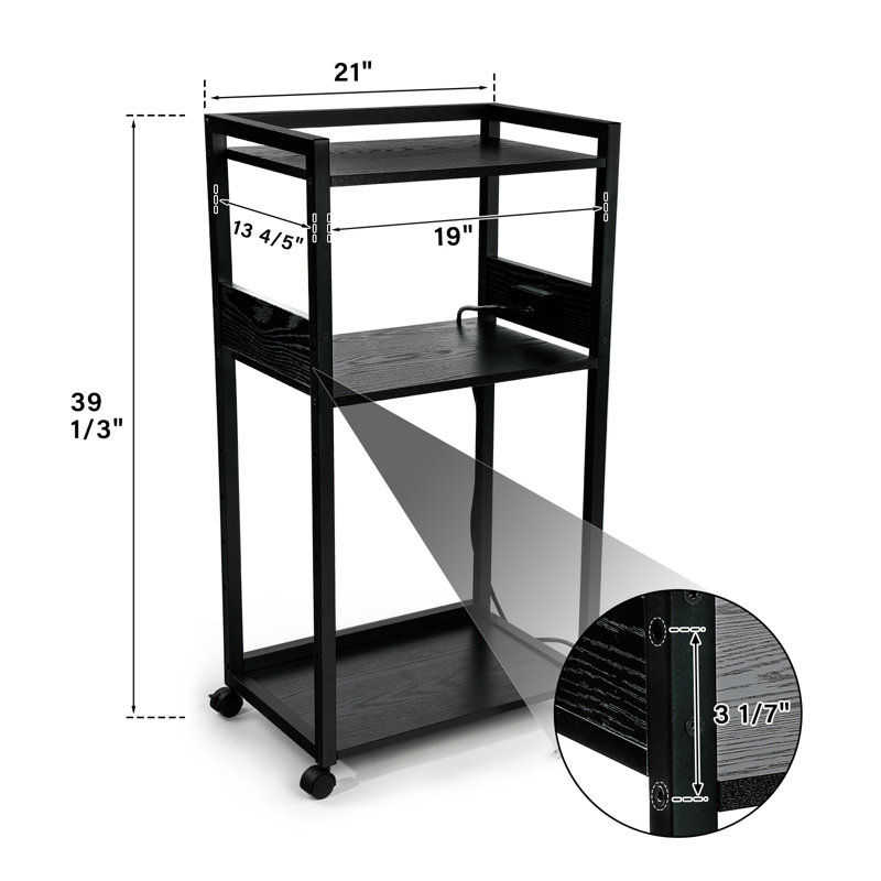 3-Tier Rolling Printer Stand Storage Rack Shelf w/ USB and Power Port, Black