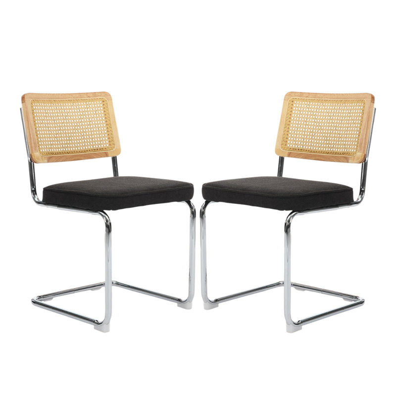 Ensemble de 2 chaises de salle à manger modernes en lin, dossier en rotin et base chromée, noir, Lin noir