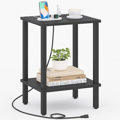 End Table With Charging Station, Side Table With Usb Ports And Ac Outlets, 2-tier Nightstand With Storage Shelf For Living Room, Bedroom, And Small Spaces, Black Finish