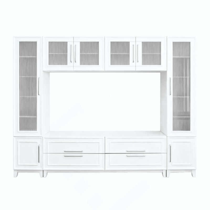 Meuble audio-vidéo mural moderne avec portes en verre pour téléviseur de 75 po ou moins, meuble télé minimaliste avec tiroirs pour le salon