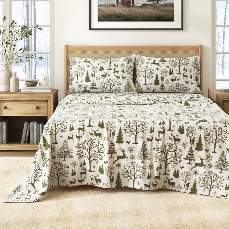 100% Turkish Cotton Flannel Christmas Sheet Sets, Trees Olive, Twin with 1 Pillowcase