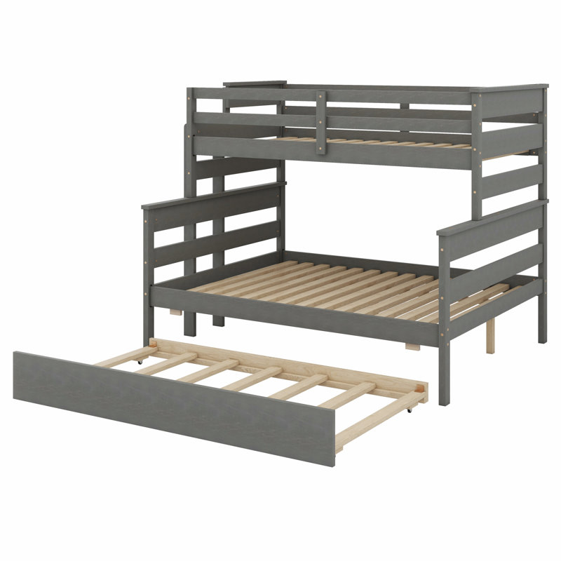 Lit superposé en bois massif avec lit gigogne, garde-corps et échelle, Gris