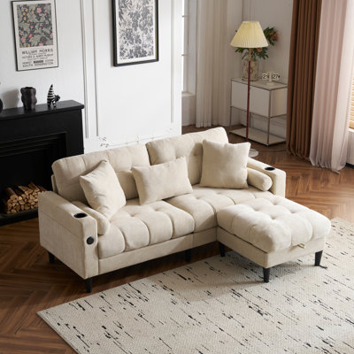 Canapé en chenille à 3 places en L avec repose-pieds amovible et rangement, rangement latéral et canapé à ports de charge USB / C-Type pour salon, chambre à coucher, appartement