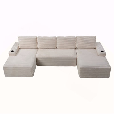 Compressible U-Shaped Sectional Sofa Set,Minimalist Style Modular Sectional Sofa, Corduroy Fabric Cloud Couch for Living Room