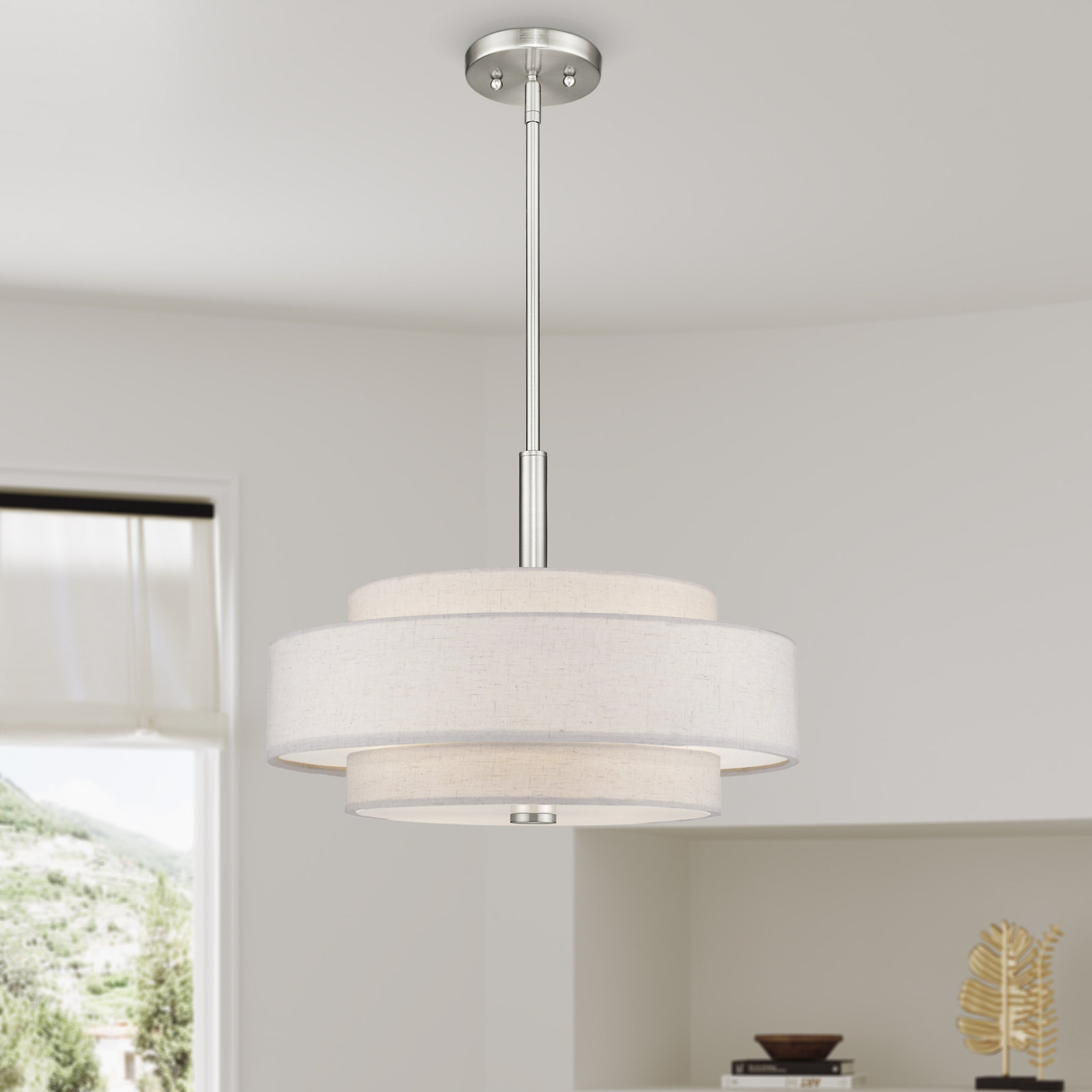 Flaire 4 - Light Steel Dimmable Drum Chandelier, Brushed Nickel, Oatmeal