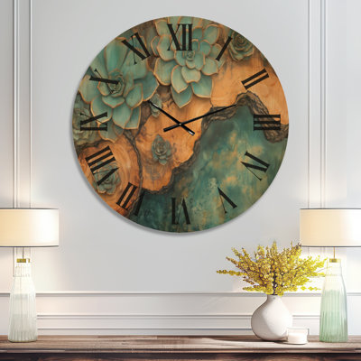 Teal Succulent Driftwood II - Boho Wall Clock, Printed on Wood