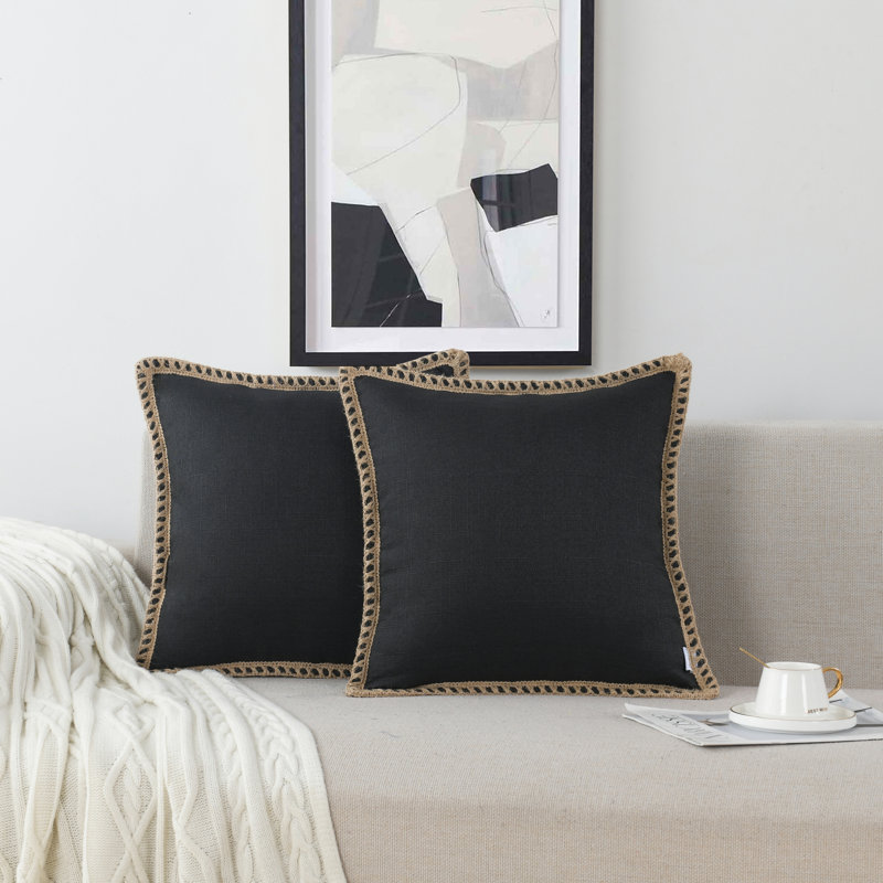 Farmhouse Trimmed Burlap Linen Polyester Pillow Cover, Black, 18"H x 18"W, Square