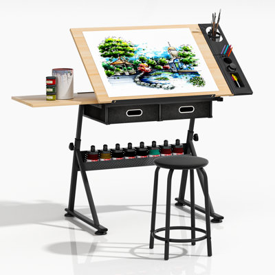 Poste de travail et table à dessin avec tabouret, table à dessin avec plateau coulissant et tiroirs