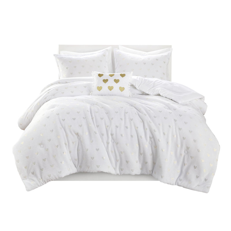 4 pièces grand édredon cœur blanc / doré métallique, rembourrage en microfibre douce, imprimé blanc / or sécuritaire sur la peau, revers en microfibre, - peau, preuve