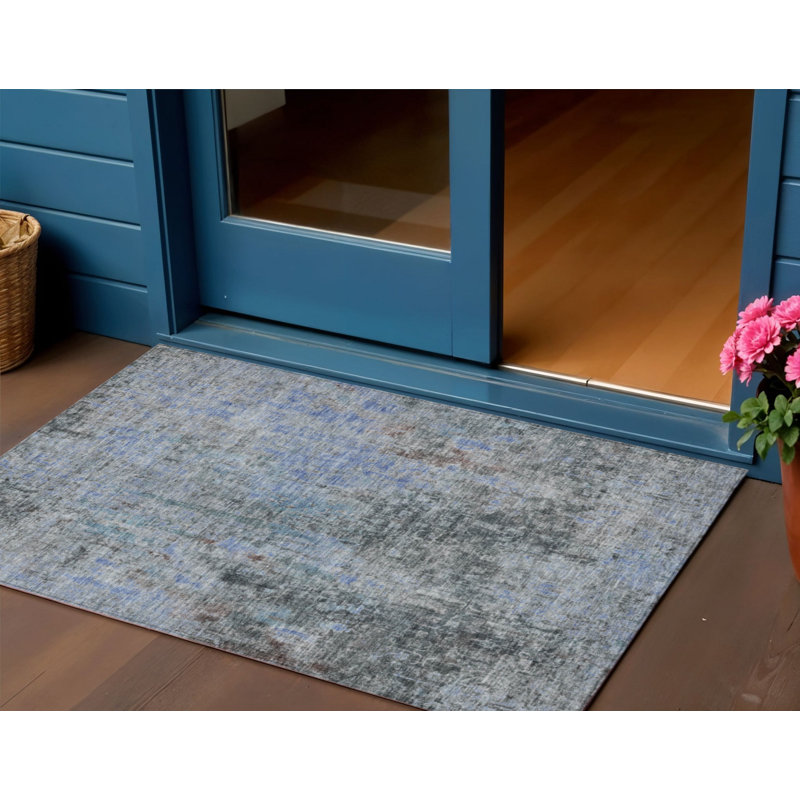 3' X 5' Gray Charcoal And Blue Abstract Washable Indoor Outdoor Area Rug