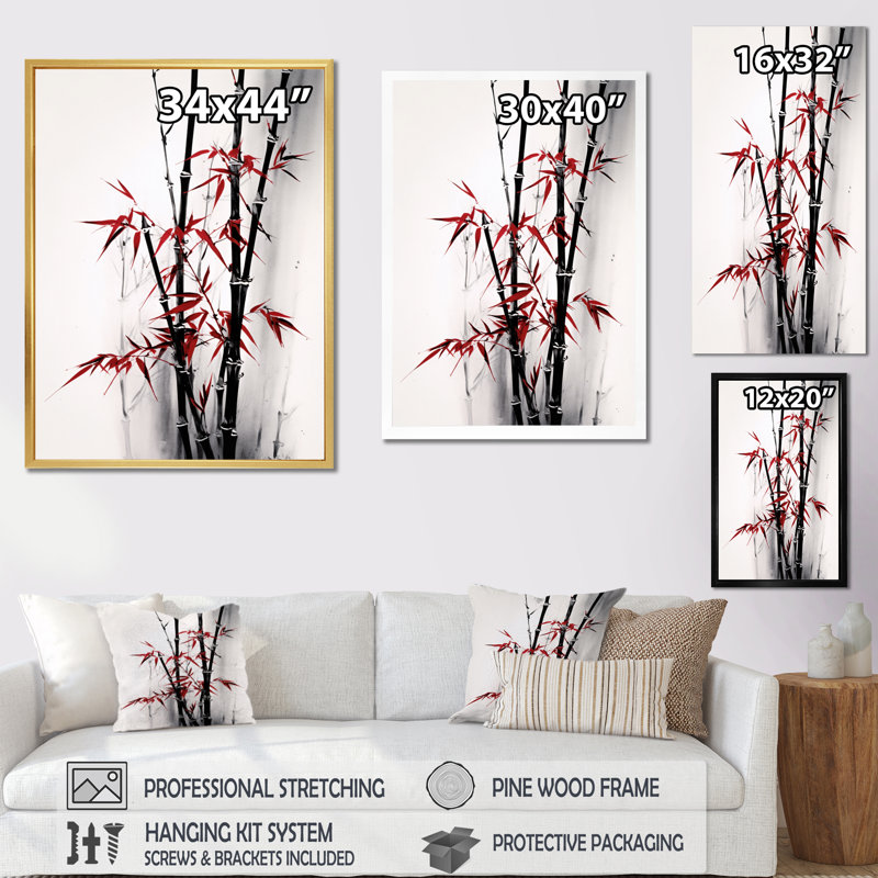 Japon, bambou rouge et gris II sur toile, Cadre simple argenté, H 32 po x l 16 po x P 1 po