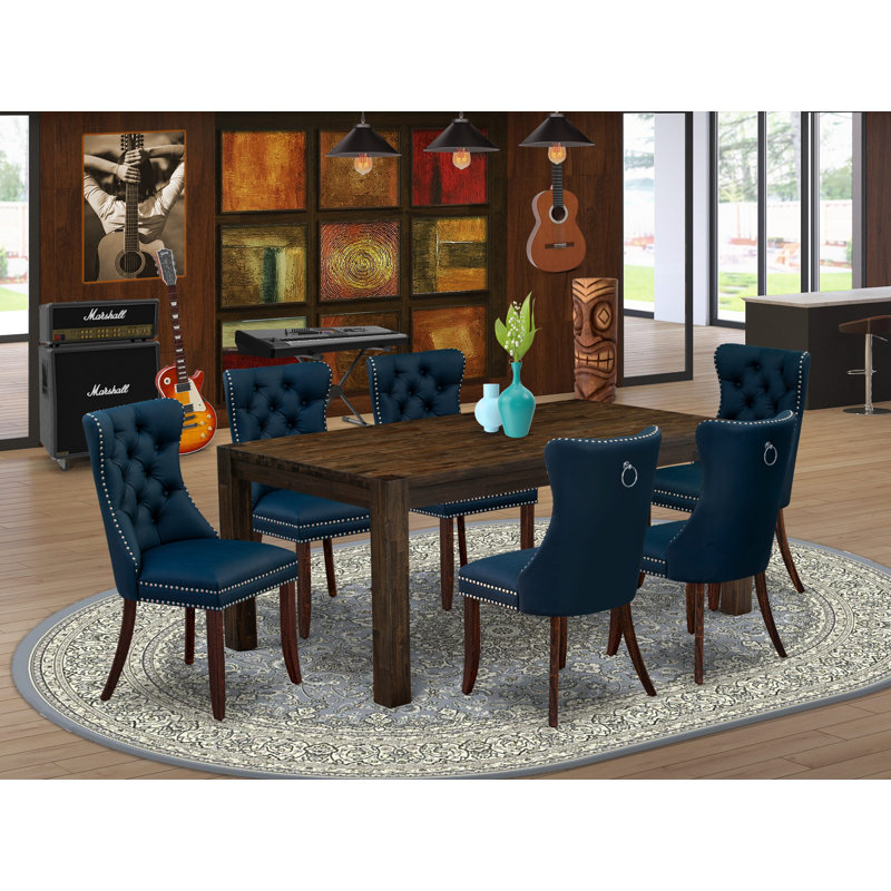 7 Piece Dining Table Set Contains a Rectangle Rustic Wood Kitchen Table and 6 Polyester Fabric Padded Chairs, Distressed Jacobean
