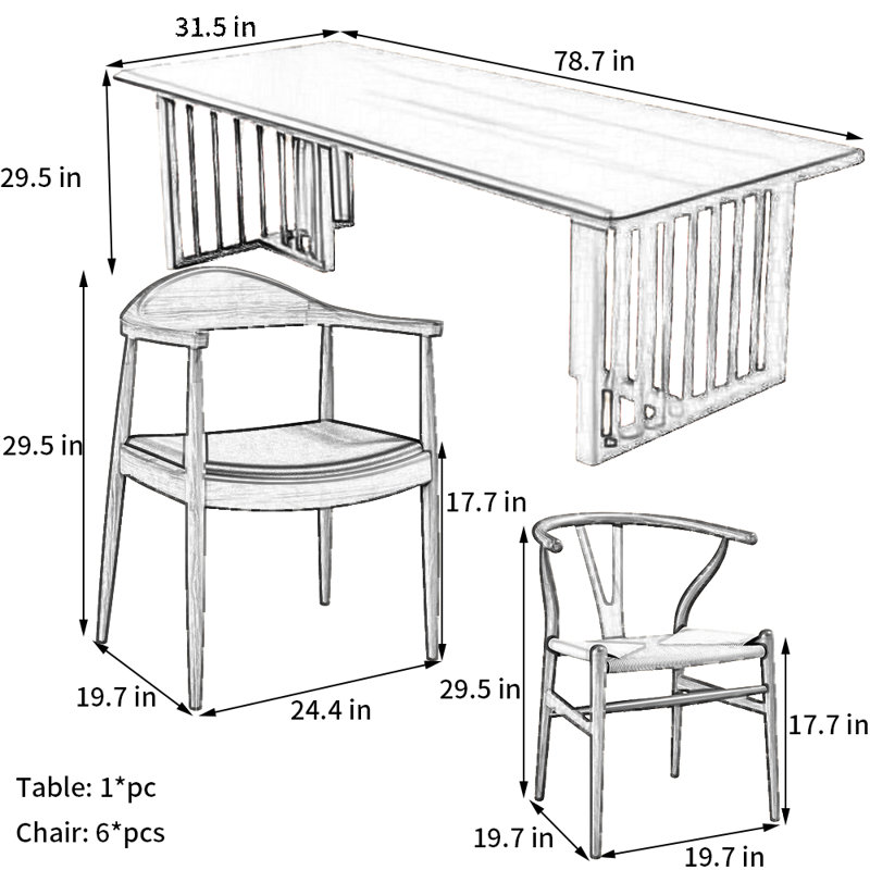 Ensemble de salle à manger rectangulaire en bois de cerisier, H 29,5 po x l 31,5 po x L 78,7 po