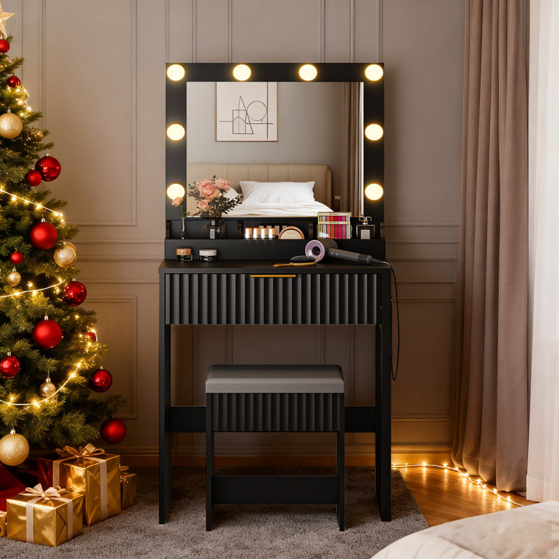 Dressing Table Set - 1 Drawer & 3 Compartments, 8 Dimmable Bulbs, Black