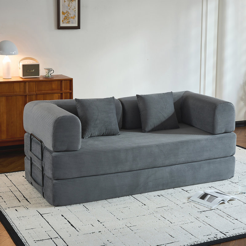 Canapé-lit convertible avec coussin cylindrique, Velours côtelé gris
