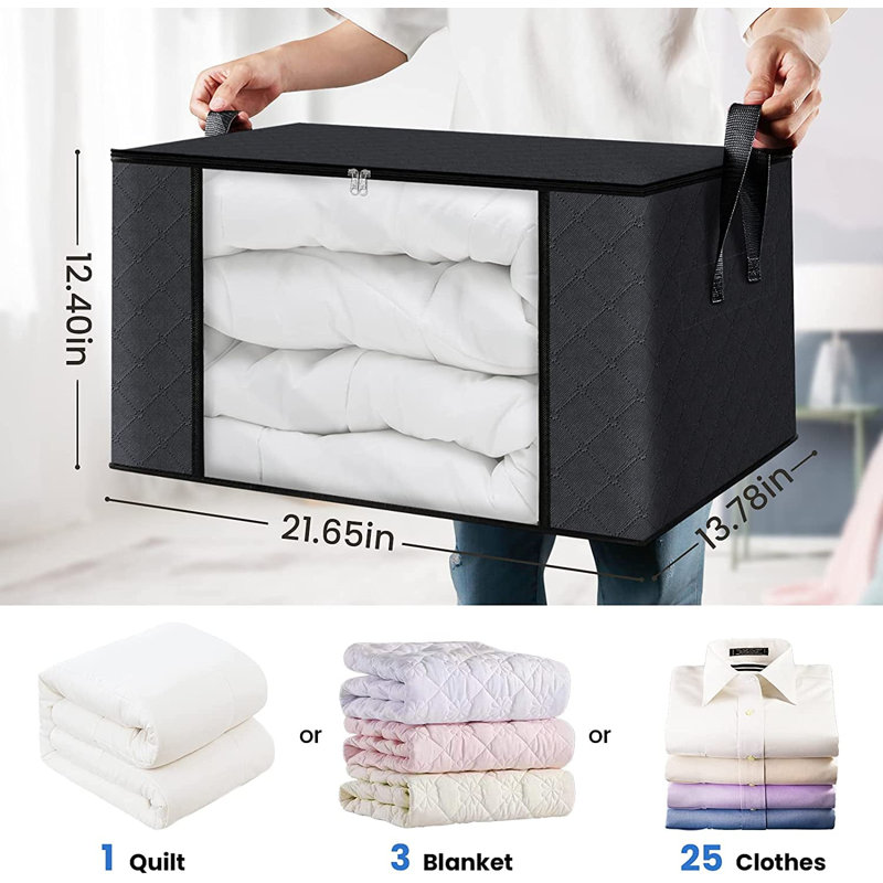 Ensemble de 6 grands organisateurs de garde-robe avec sacs de rangement à poignées robustes Boîte de rangement pliable pour édredons Couvertures Literie noir