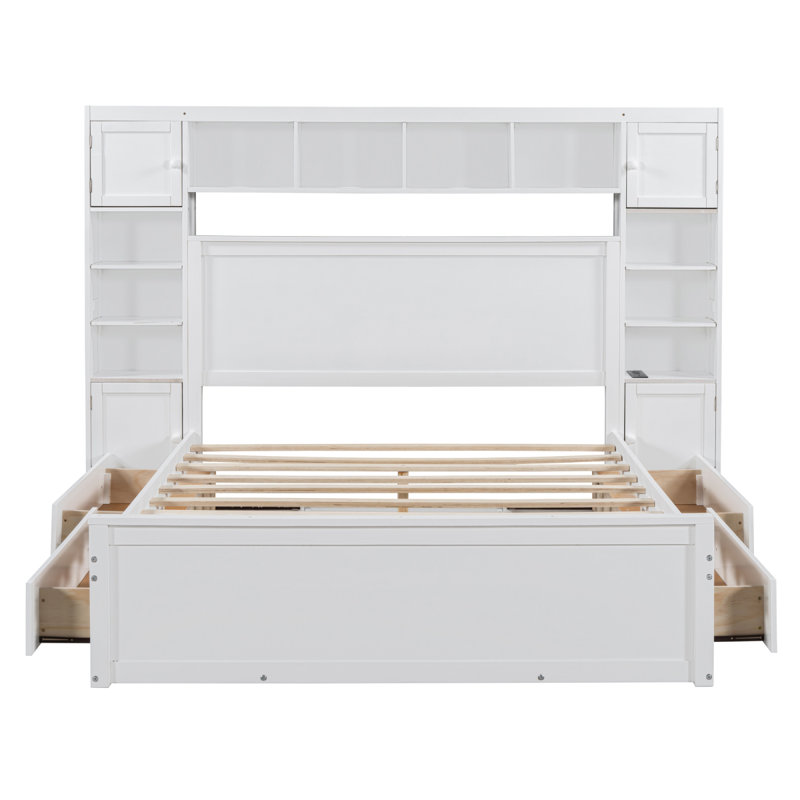 Grand lit en bois avec armoire tout-en-un, tablette et prises, blanc (ancien SKU: LP000742AAK)