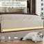 Grand lit plateforme avec rangement et station de charge et lumières DEL RVB Smart Control, cadre de lit tapissier beige avec tiroirs de rangement, ports de chargement USB et Type-C, tête de lit rembourrée en lin doux, 2 tiroirs de rangement sous le lit, aucun sommier nécessaire-84067999-78855525