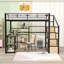 Lit mezzanine double en métal avec tablettes de rangement, escaliers, bureau et lattes