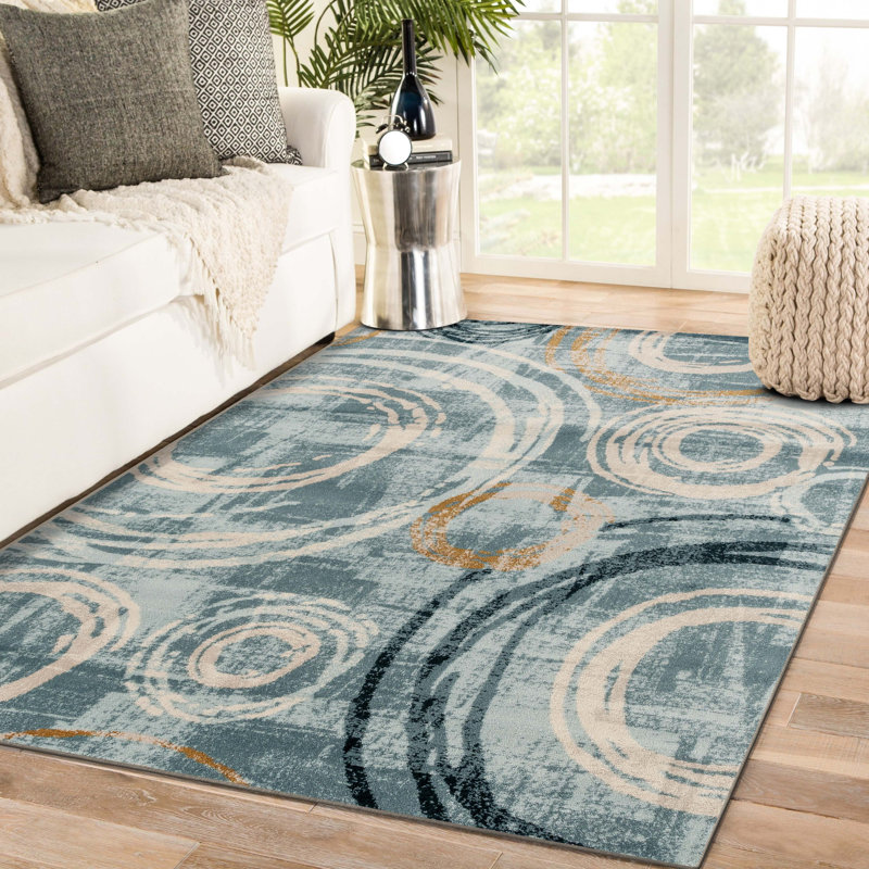 Tapis bleu à motif géométrique abstrait Bellicent, 8 pi x 10 pi
