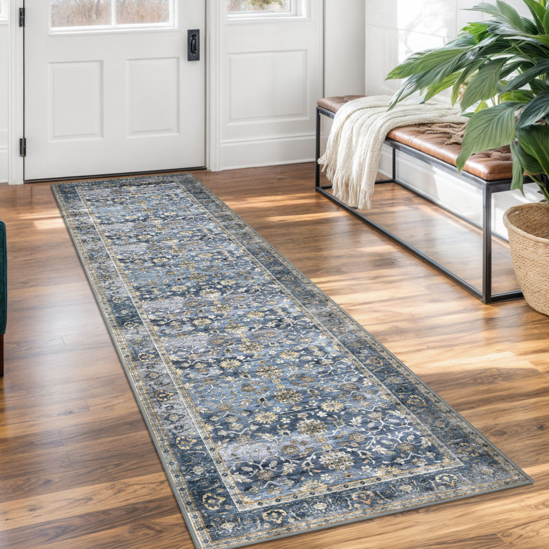 Area Rug Machine Washable Rug Oriental Indoor Rugs with Non-Slip Backing, Runner 2' x 7', Blue/Gray/Beige