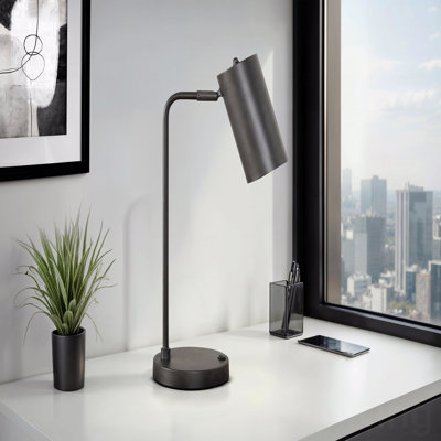 Table Lamp  - 18"H,, Usb Port Included, Grey Metal, Grey Shade