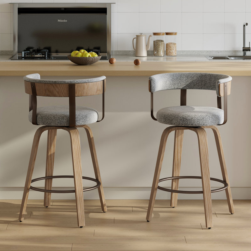 Tabouret de comptoir pivotant de 26 po avec dossier et pieds en bois cintré pour îlot de cuisine, Grey Seat/Natural  Frame