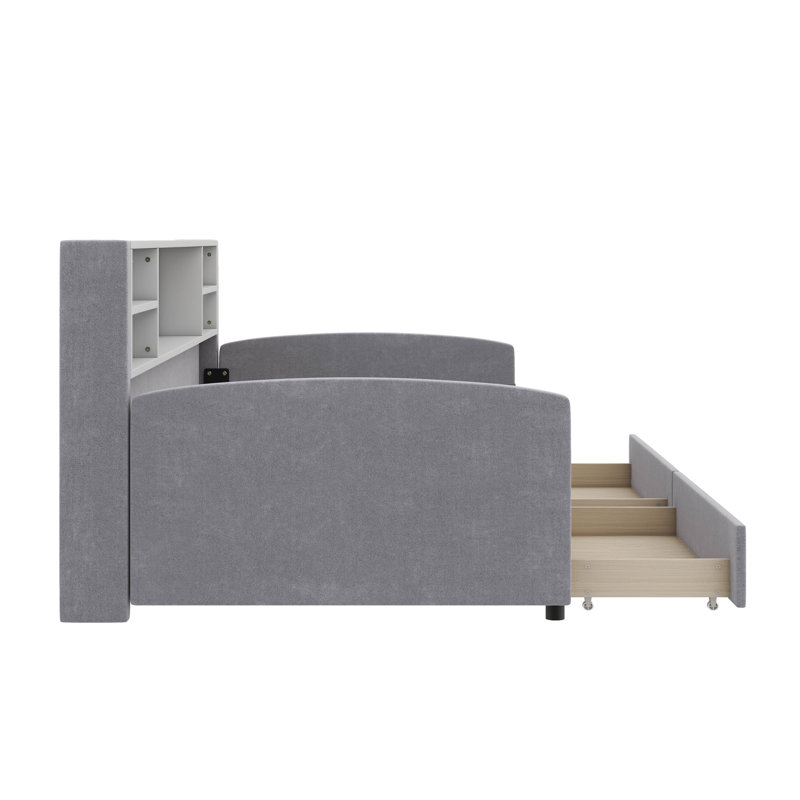 Lit plateforme simple tapissier avec tiroirs, Gris