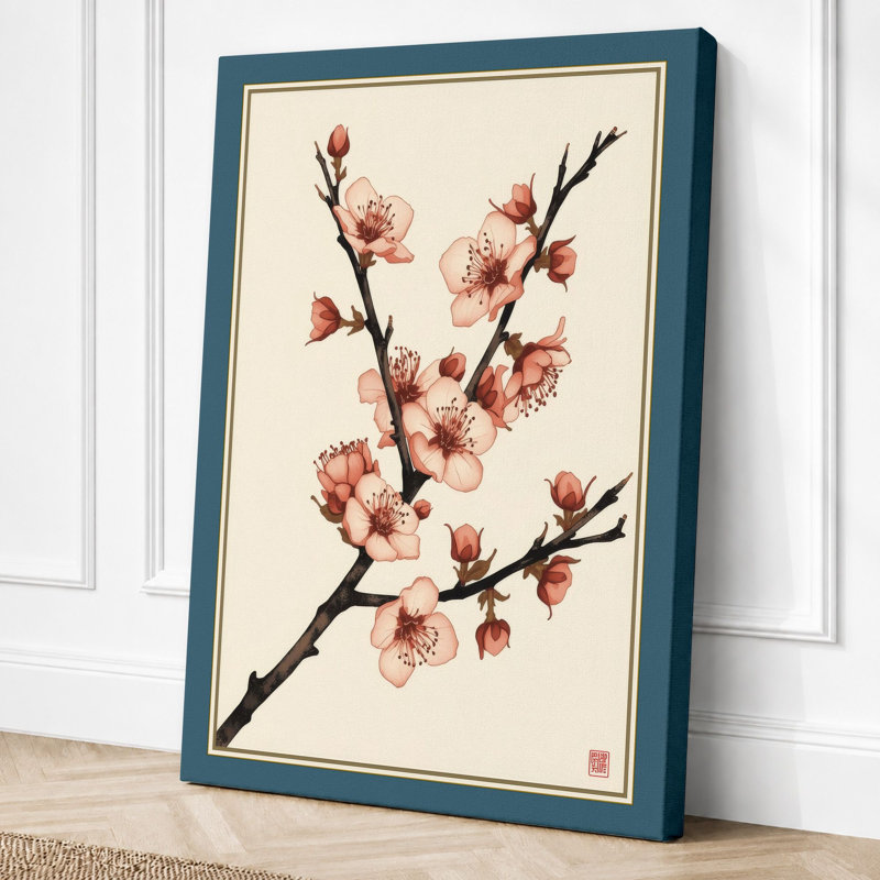 Spring Blossoms Japandi 1 Piece Wrapped Canvas Wall Art, 30x20 - 76.2 x 50.8 cm, Teal Border