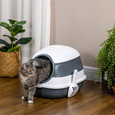 Large Two Entrance Litter Box, Foldable And Space Efficient, Easy To Clean, White Gray, Air Freshener For A Fresh Cat Lid Prevents Odors From Diffusing, Portability,