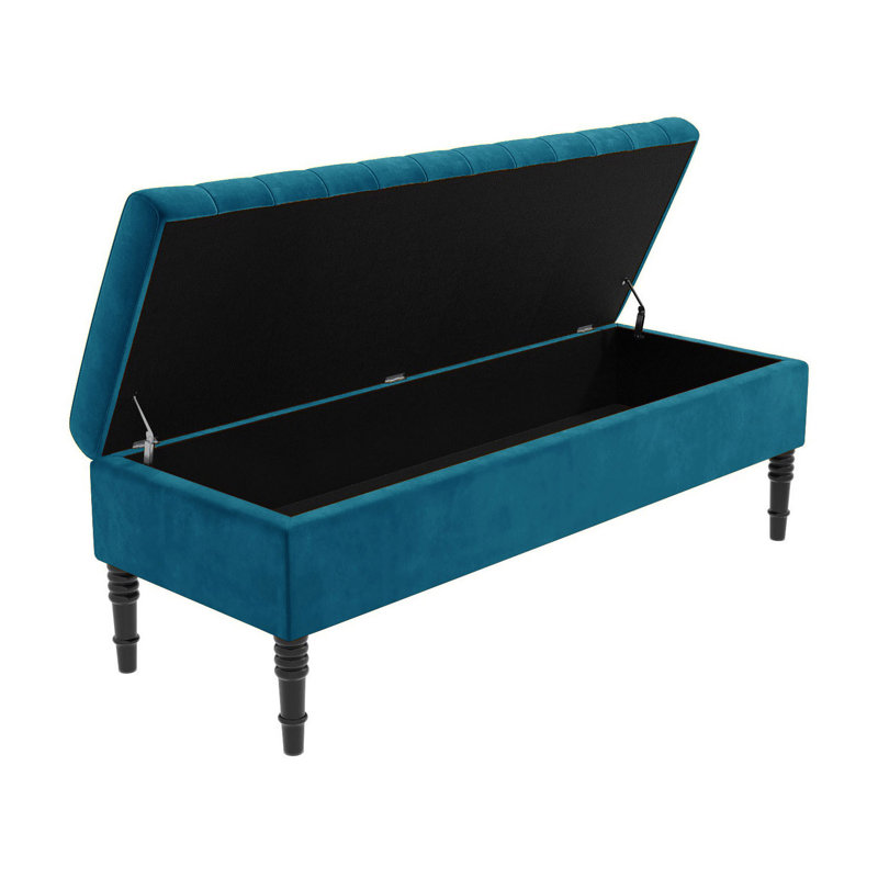 Safar Striped Ottoman Storage Bench – Upholstery Plush Velvet Shoe Bench with Black Turned Wooden Legs, Emerald Green