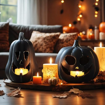 Paquet de 2 décorations de citrouille en terre cuite à la main citrouille-citrouille d'Halloween citrouille-lanterne d'Halloween décor rustique maison de campagne d'automne pour centre de table