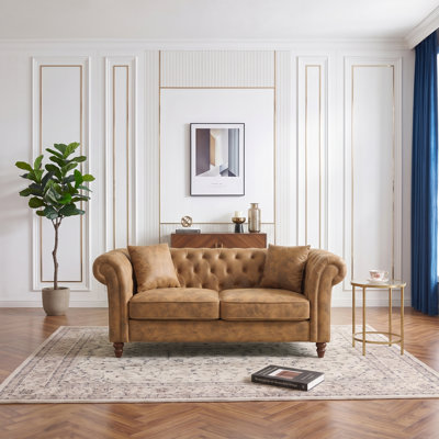 Chesterfield Upholstered Sofa with Rolled Arms, Faux Suede Fabric, Removable Cushions & Throw Pillows