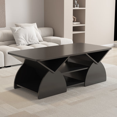 Table basse rectangulaire moderne bleue avec coins arrondis, tablettes de rangement ouvertes et cadre robuste - Table à conception géométrique facile à assembler pour le salon ou la salle de réception 