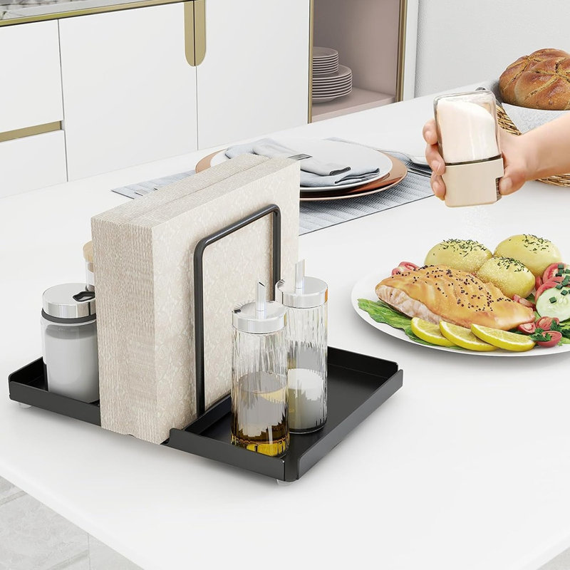 Porte-serviettes en métal noir avec panier à salière et poivrière, organisateur de serviettes de table multifonctionnel pour la cuisine, la salle à manger, le bureau, le pique-nique et la décoration intérieure