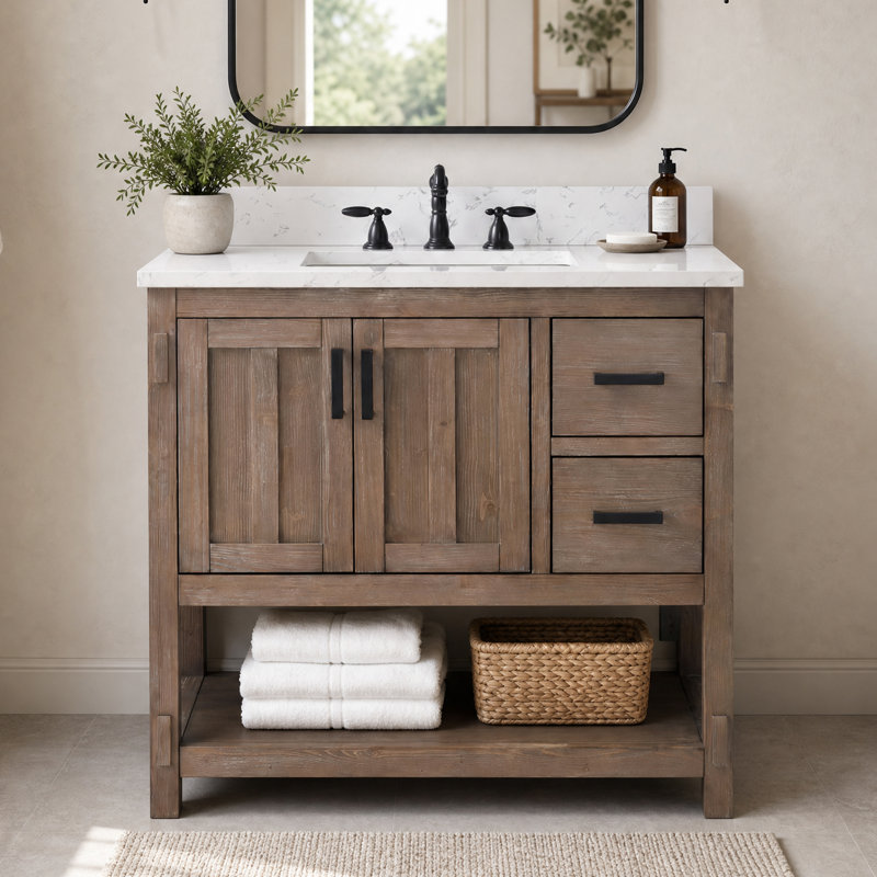 Marissa 36" Freestanding Single Bathroom Vanity with Engineered Stone Top, Brown Spruce
