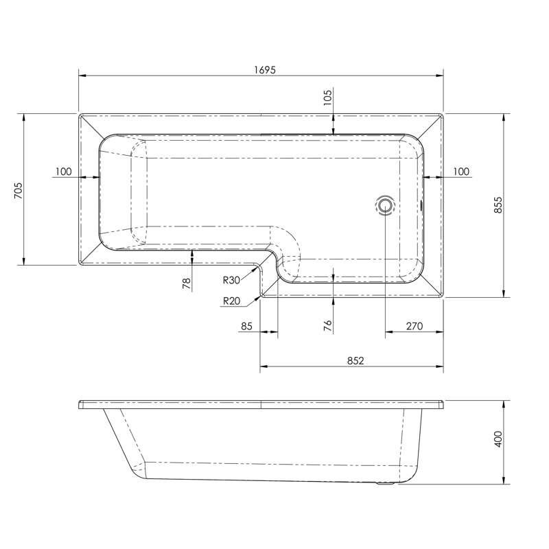 1700mm x 850mm Soaking Acrylic Bathtub, Right Hand