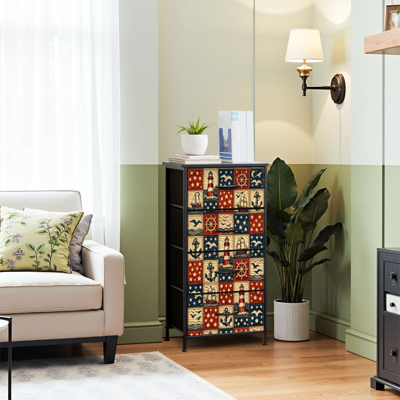 Commode 4 tiroirs pour chambre à coucher, commode étroite, plateau en bois et structure en fer 18 po x 37,5 po - (l x H) - Avec impression de phares nautiques et de voiliers