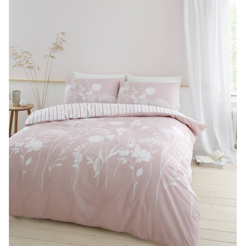 Meadowsweet Floral Reversible Duvet Cover Set with Pillowcases, King Duvet Cover + 2 Standard Pillowcases, Blush