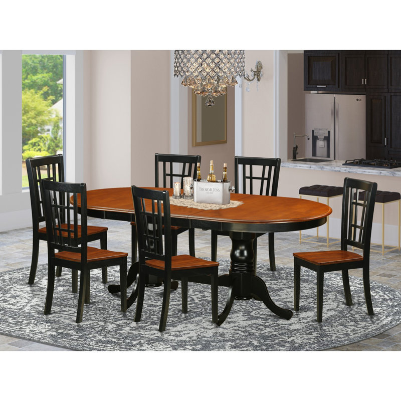 Ensemble de salle à manger 7 pièces composé d'une table de salle à manger ovale avec rallonge papillon et 6 chaises en bois, noir et cerisier