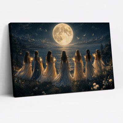 Sept femmes aux lumières scintillantes face à une lune géante - Toile murale d'Halloween