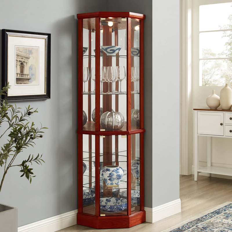 6 Shelf Cabinet With Adjustable Tempered Glass Shelves And Mirror Back In Stylish Cherry Curio Mirrored Striking, Cherry