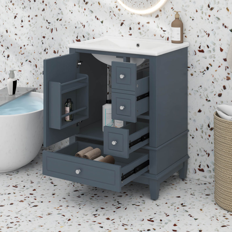 Meuble-lavabo de salle de bain avec lavabo, 3 tiroirs et une porte avec supports de rangement, Bleu, 24"