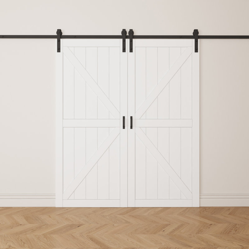 84"H x 60"W Solid Core Wood, K Shape Sliding Barn Door with Installation Hardware Kit & Soft Close (2 Doors), 60" x 84"