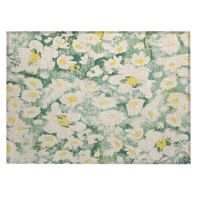 2' X 3' Green Floral Washable Non Skid Indoor Outdoor Area Rug