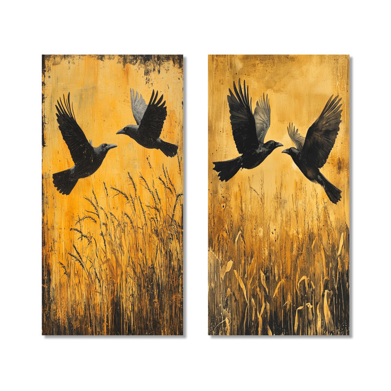 «Dark Crows in the Cornfield I - Black Birds», art mural en métal 2 pièces, H 32 po x l 32 po