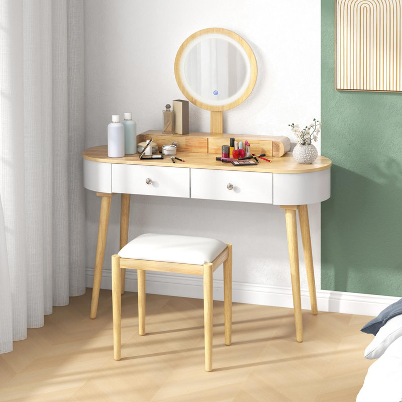 Vanity Table Set with LED Lighted Mirror, 3 Adjustable Lighting Dressing with Touch Switch, 4 Drawers, Cushioned Stool